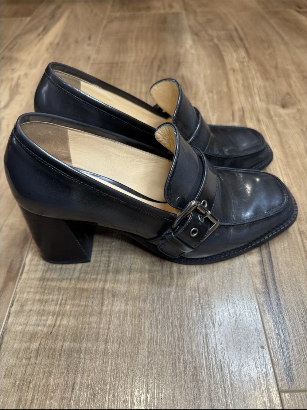 Glossy Black Leather Buckle Block Heel Loafers Size 39 Square Toe
